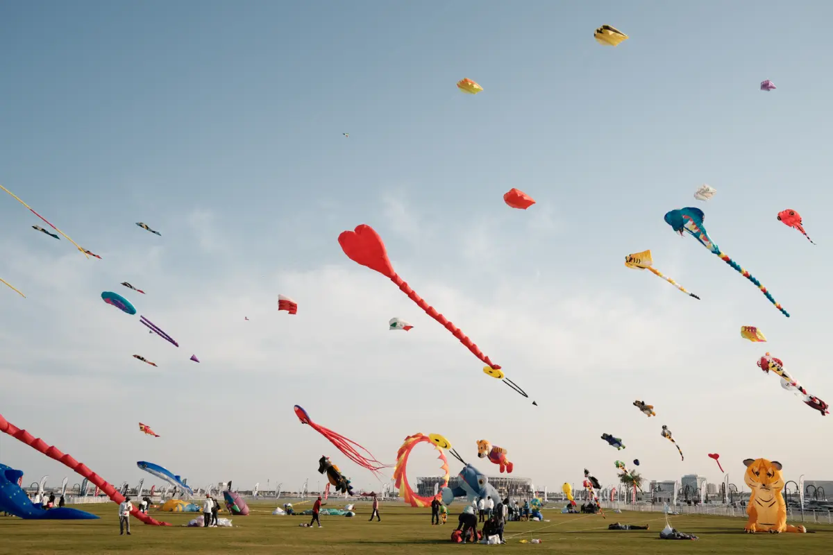 Viele bunte Drachen am Himmel über einer Wiese