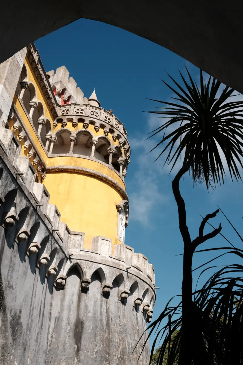 Gelber Turm des Palácio da Pena durch einen Torbogen mit Palme